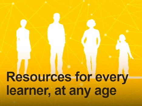 Four white silouhettes with the words 'Resources for every learner, at any age'
