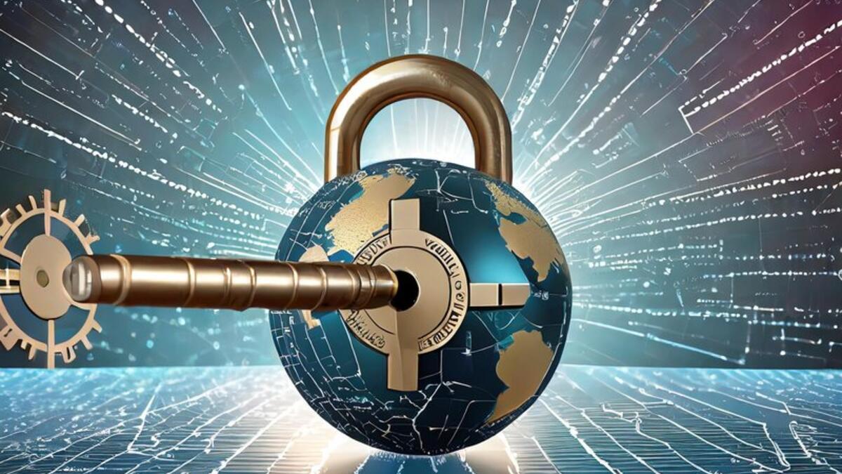 Image of a key inserted into a padlock shaped like a world globe